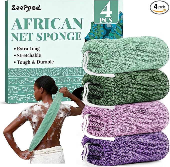 African Net Sponge Authentic-4 Packs African Exfoliating Net Sponge,Bath Sponges for Shower,42 inch Long for Normal to Sensitive Skin, Body Exfoliator Shower(Lightpurple,Purple,Mint Green,Dark Green)