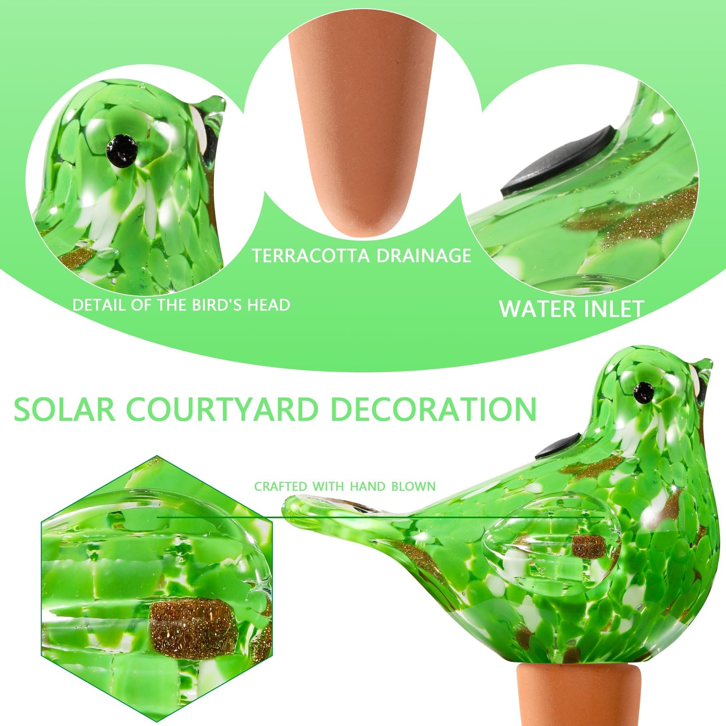Plant Watering Globes, Bird Glass Self Watering Planter Insert - for Indoor & Outdoor Plants - Glass Plant Water Globes for Daily Use, Planter Spikes to Support Indoor & Outdoor Plant Health, Green