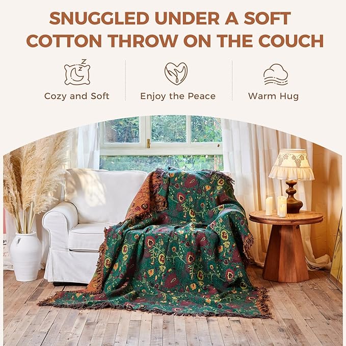 LUTBM Boho Throw Blanket for Bed 100% Cotton Soft Lightweight Quilt Home Decor