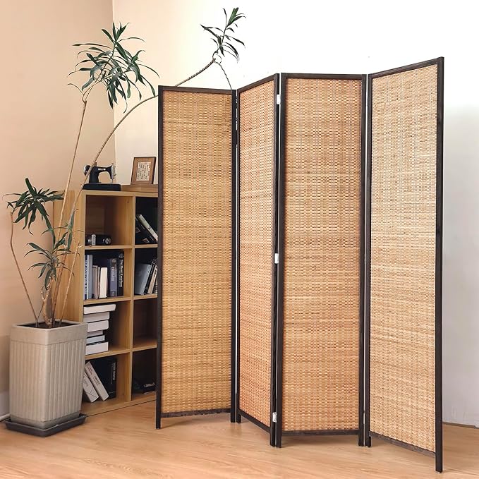 4 Panel Bamboo Room Divider Screen, 5.6 FT Tall Bamboo Divider Folding Panel
