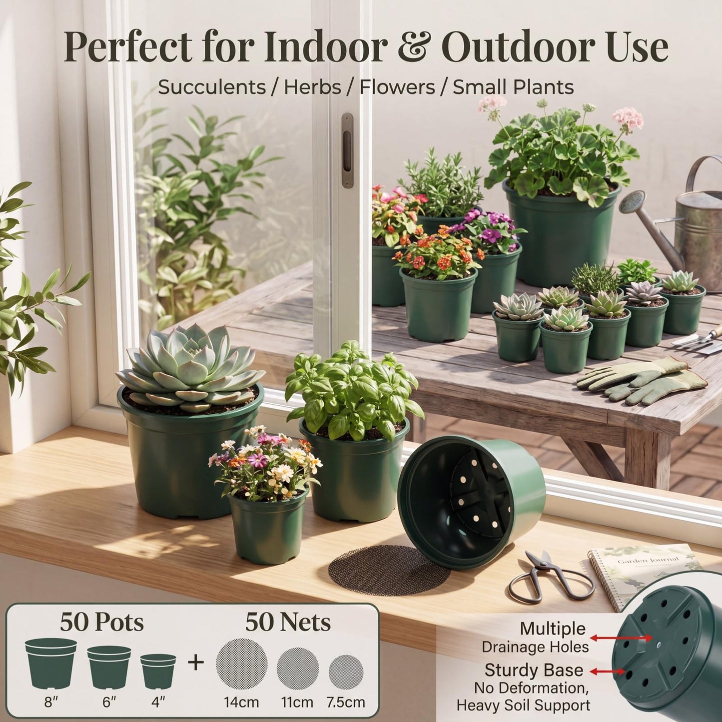 Chumia 50 Set Plastic Nursery Pots with Mesh Pad 4", 6", 8" Grow Sturdy Plastic Plant Pots Drainage Holes for Seed Starting Indoor Outdoor Flower Planter, Green