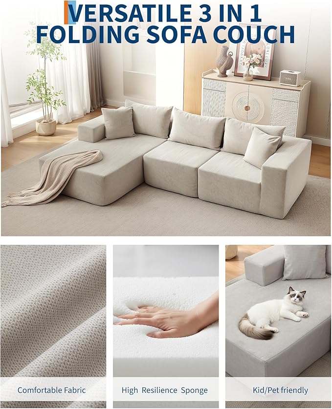 Corduroy Modular L Shape Sofa, Cloud Feel Compressed Sectional Couch