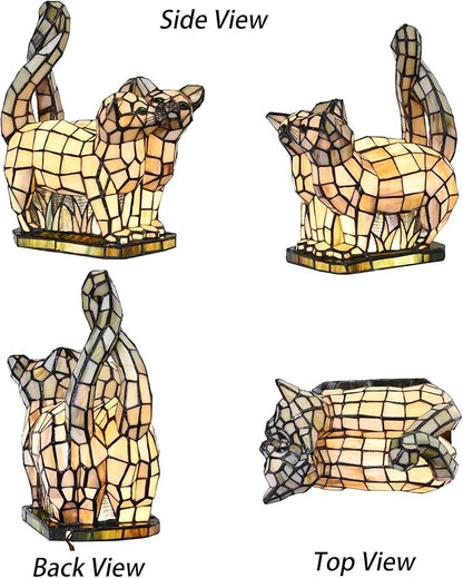 Bieye L10771 Cats in Love Tiffany Style Stained Glass Accent Table Lamp Night Light for Home Decoration (Two Cats, Yellow)