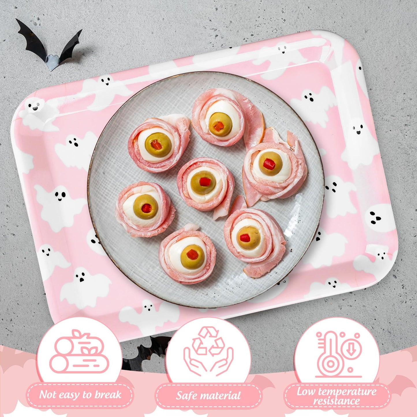JarThenaAMCS 3Pcs Halloween Serving Trays Pink Ghost Platter Cute Ghost Reusable Serving Dishes for Birthday Baby Shower Party Sharing Snacks Fruit Dessert, 13 x 10 Inch