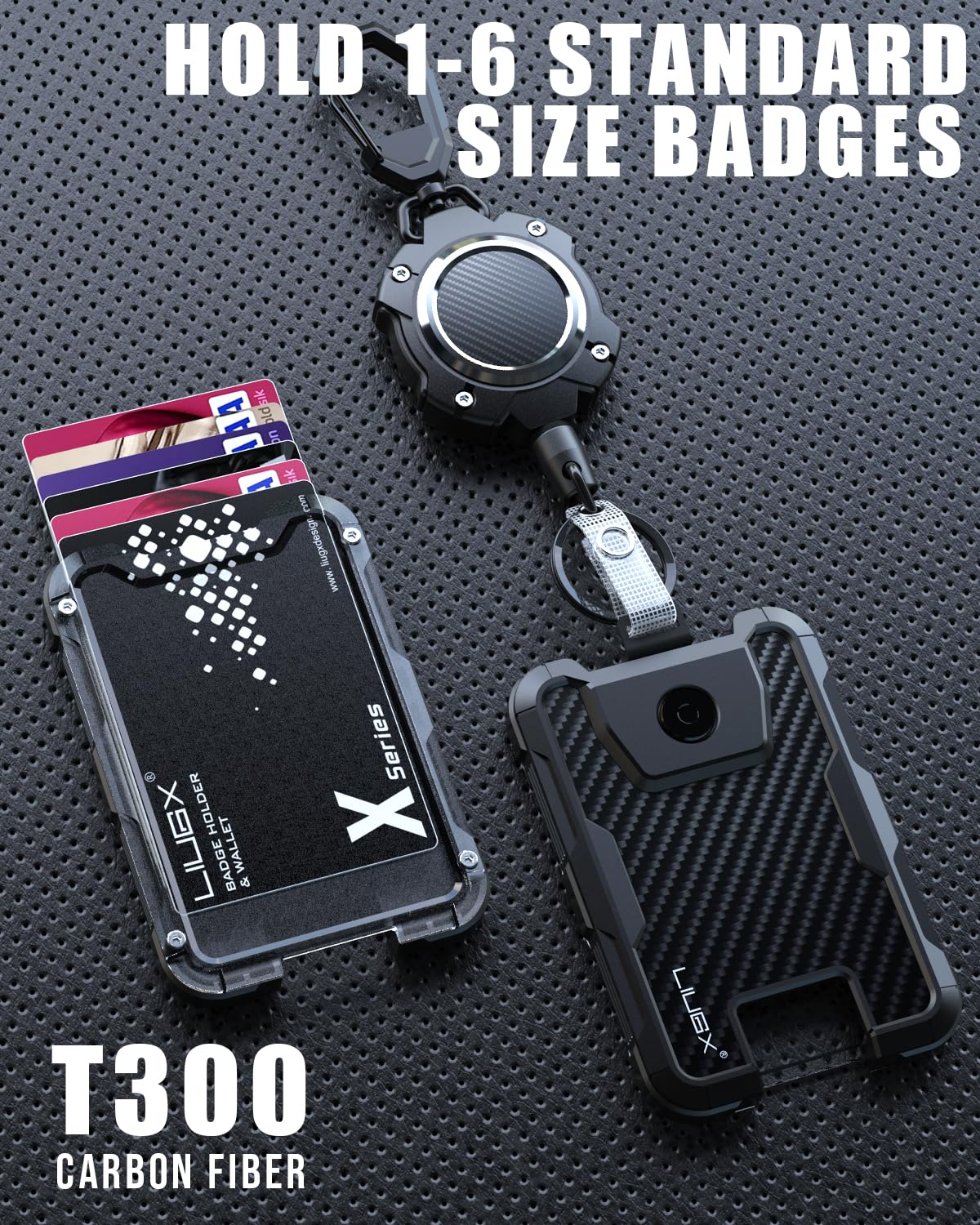 LIUGX Retractable Badge Holders,Carbon Fiber Badge Holder,Heavy Duty Carabiner Keychain, Durable ID Card Holder (Holds 6 Cards), with 31.5” Badge Reel Key Chain, 10,000+ Rebound,Silver-Black