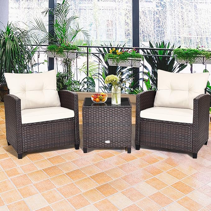 COSTWAY 3PCS Patio Furniture Set, PE Rattan Wicker Sofa w/Washable Cushion and