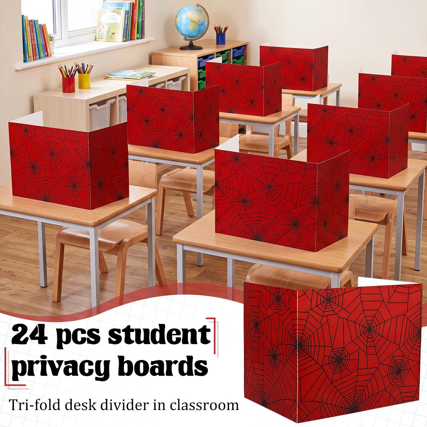 SATINIOR 24 Pcs Privacy Folders for Students, Desk Dividers for Classroom Testing, Trifold Cardboard Privacy Boards, Study Carrels Panel School Teacher Supplies(Spider Web Style,Red)