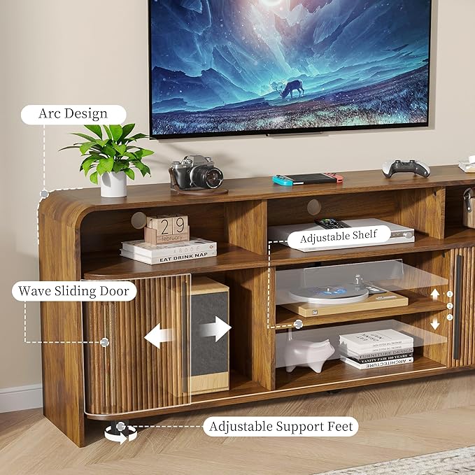 Fluted TV Stand for 75 65 80 Inch TV, 70 Inch Long Walnut Entertainment Center
