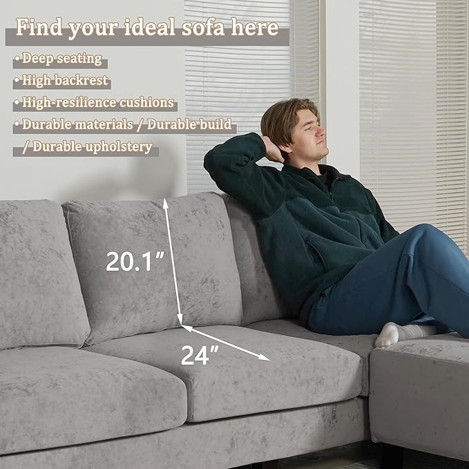 EASE MOOSE Large Seat Velvet L-Shaped Sofa, Soft 4 Seat Couch