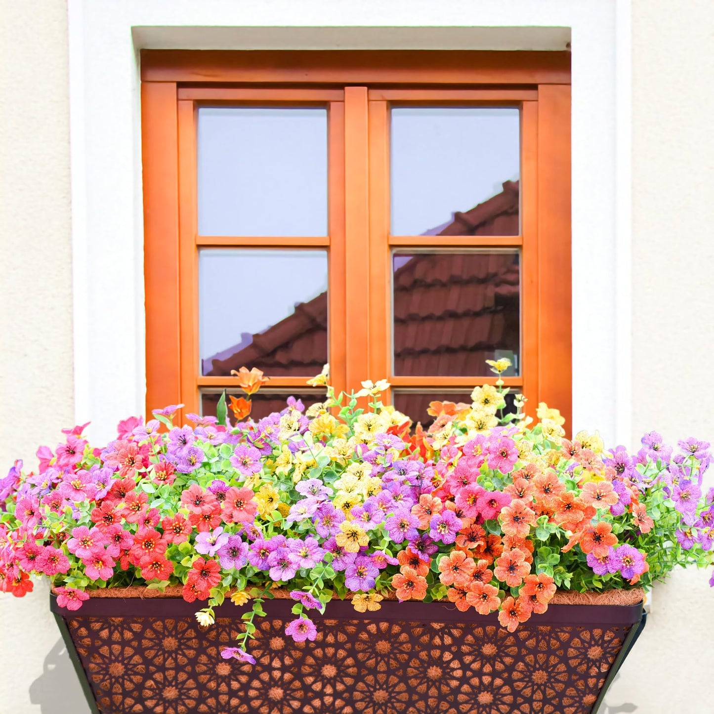 EIMQUVW 4 Pack 24" Railing Planter Window Box Deck Balcony Rail Planter Black Metal Flower Basket Horse Trough Planter with Coco Fiber Liner for Porch Fence Patio Outdoor