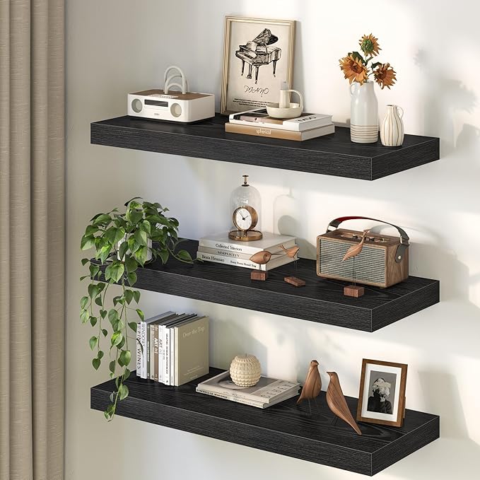 30Inch Black Floating Shelves for Wall, 12 Inch Deep Shelves for Bedroom