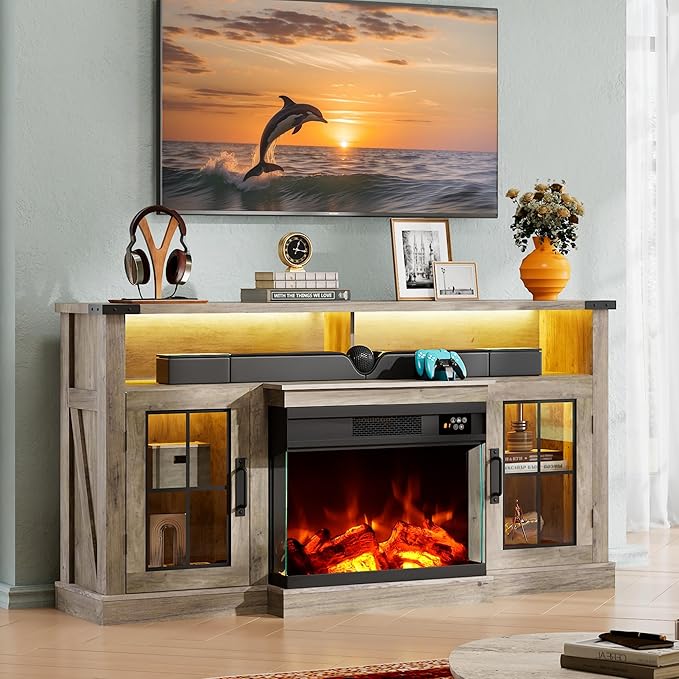 WLIVE 3-Sided Glass Electric Fireplace TV Stand