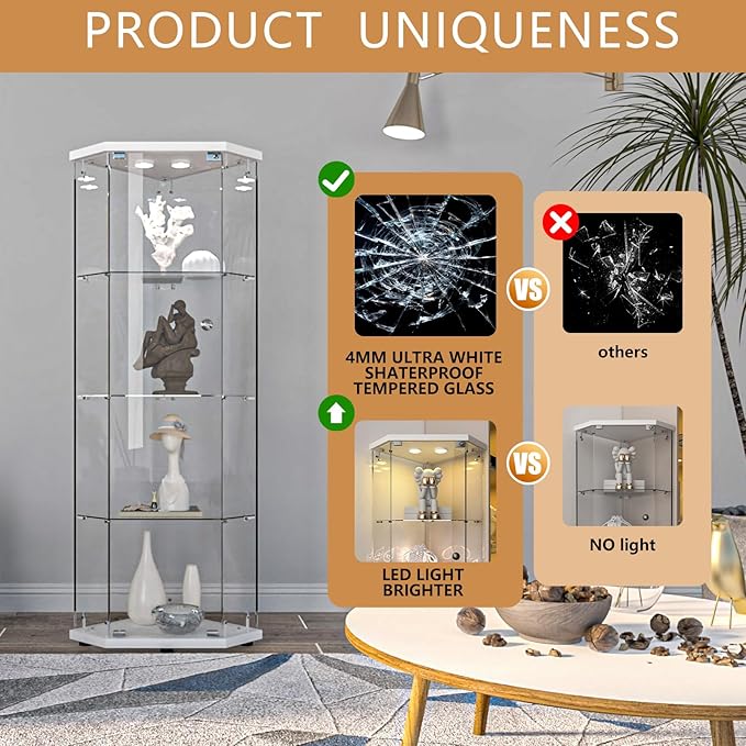 LFT HUIMEI2Y Glass Display Corner Cabinet 4-Shelf, Curio Cabinets Fast