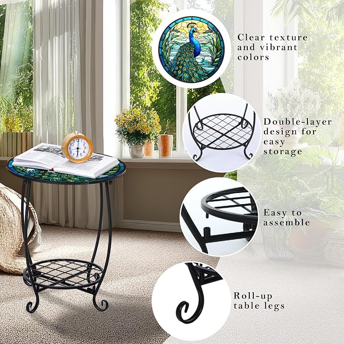 Cinnvoice Outdoor Side Table Round Small Mosaic Patio Accent Indoor End Plant