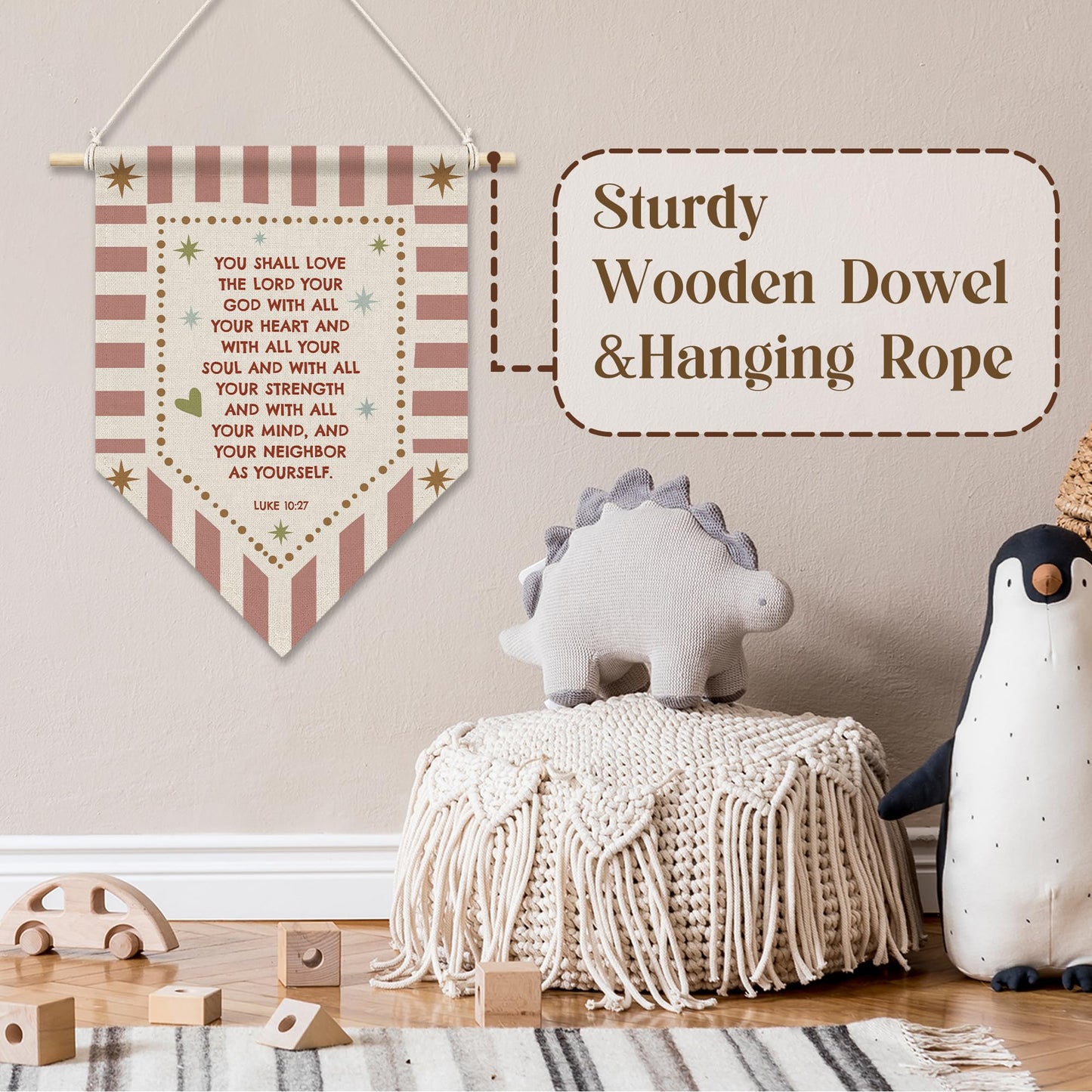 RUKUPA Christian Nursery Wall Art Decor, Bible Verse Hanging Pennant Flag, Religious Retro Pink Striped Wall Art Poster Hanger for Home Bedroom Kids Girl Nursery Room Decor, 11x15 Inch