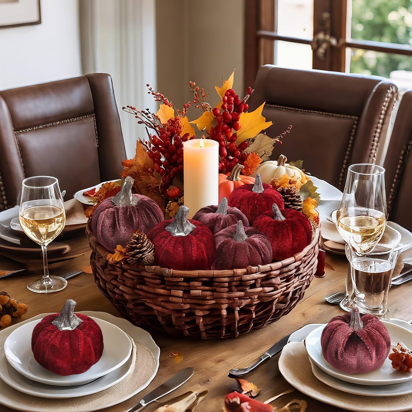 Lcuasc 12pcs Velvet Fake Pumpkins Fall Decor Faux Small Foam Fabric Pumpkin for Autumn Table Centerpiece Party Farmhouse Harvest Thanksgiving (Burgundy/Mulberry)