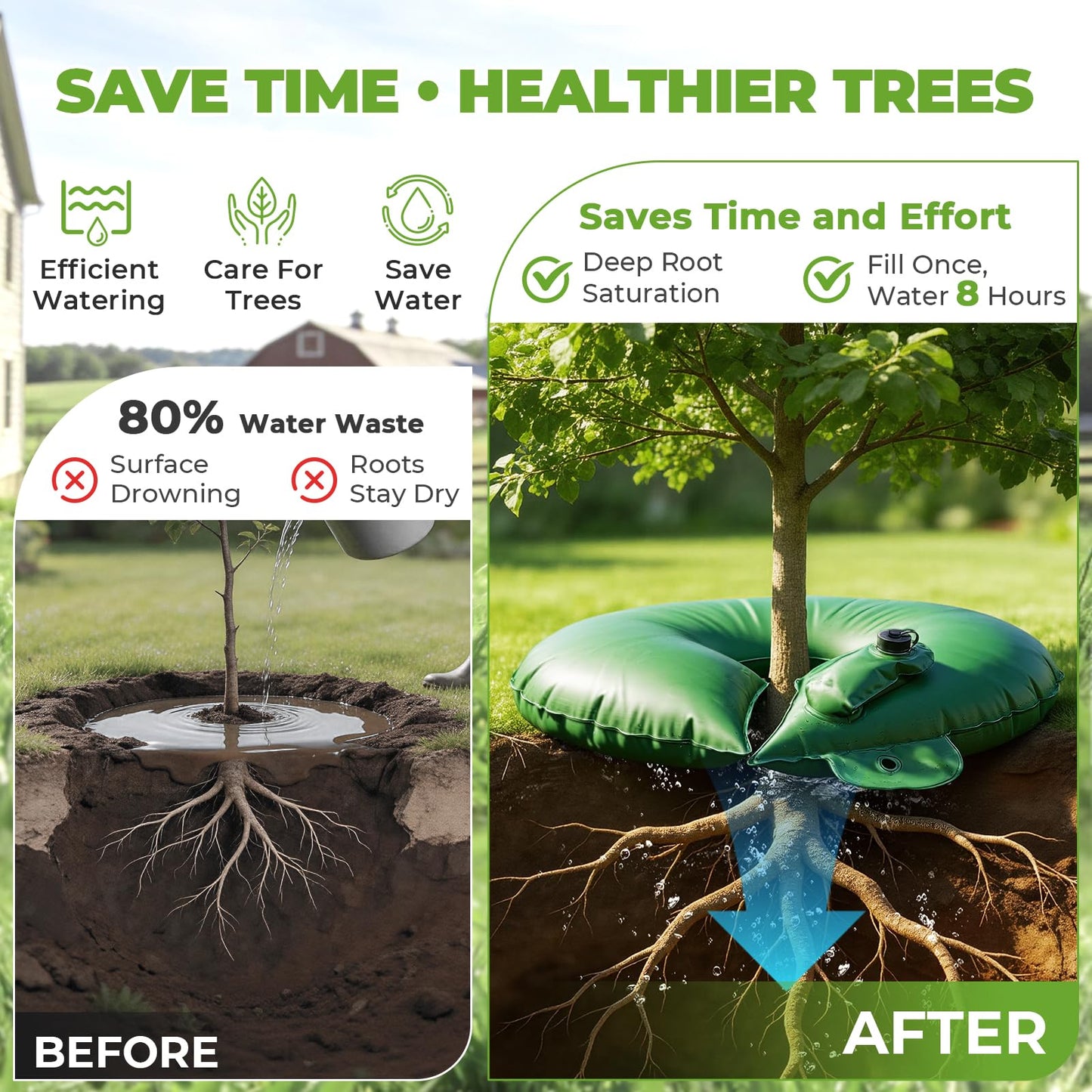 HIRALIY 15 Gallon Tree Watering Bag, 4 Pack Watering Ring, Slow Release 1-7 Days, Deep Root & Automatic Drip Irrigation System, for Multi-Trunk Newly Planted Small Trees and Shrubs