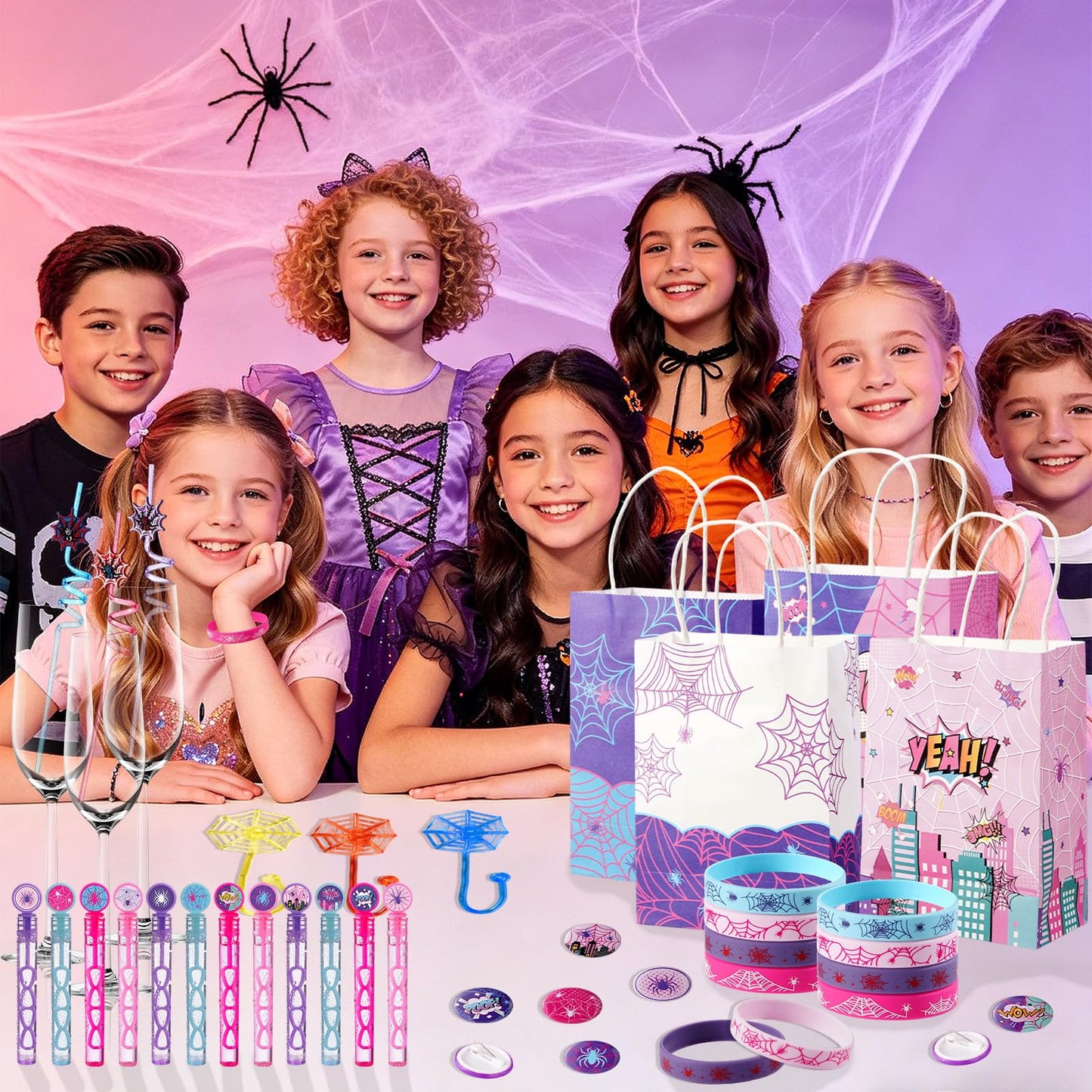 Vanblue 84 Pcs Pink Purple Spider Party Favors Gift Spiderweb Themed Birthday Party Decorations, Spider Comic Heroes Goodie Bag Stuffers,Classroom Reward Piñata Fillers for Girls Movie Fans