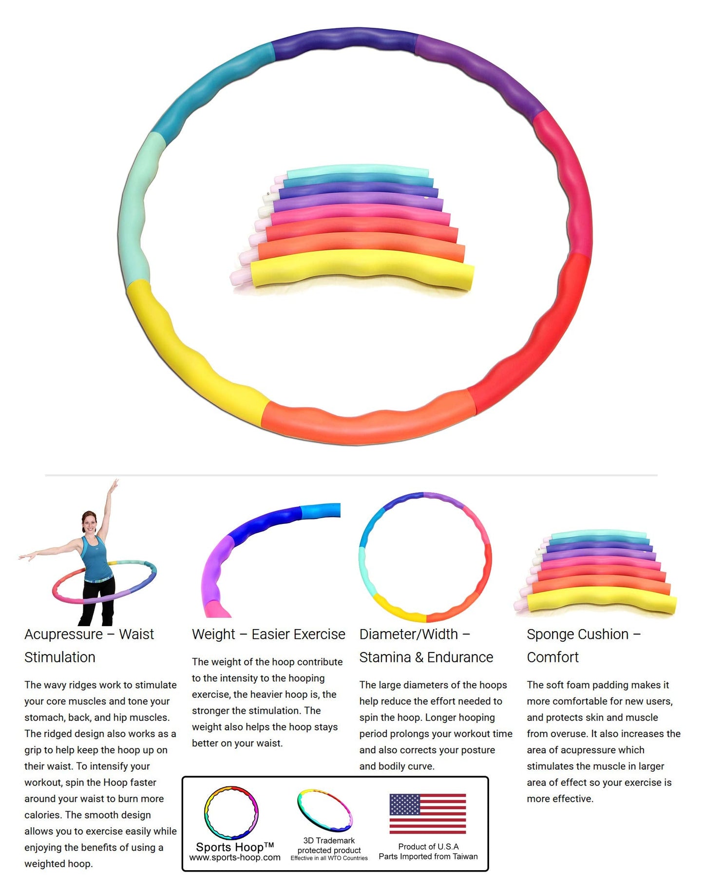 Weighted Hula Hoop, ACU Hoop 3L - 3.3 lb Large, Weight Loss Fitness Workout Sports Hoop with ridges. (Rainbow Colors)