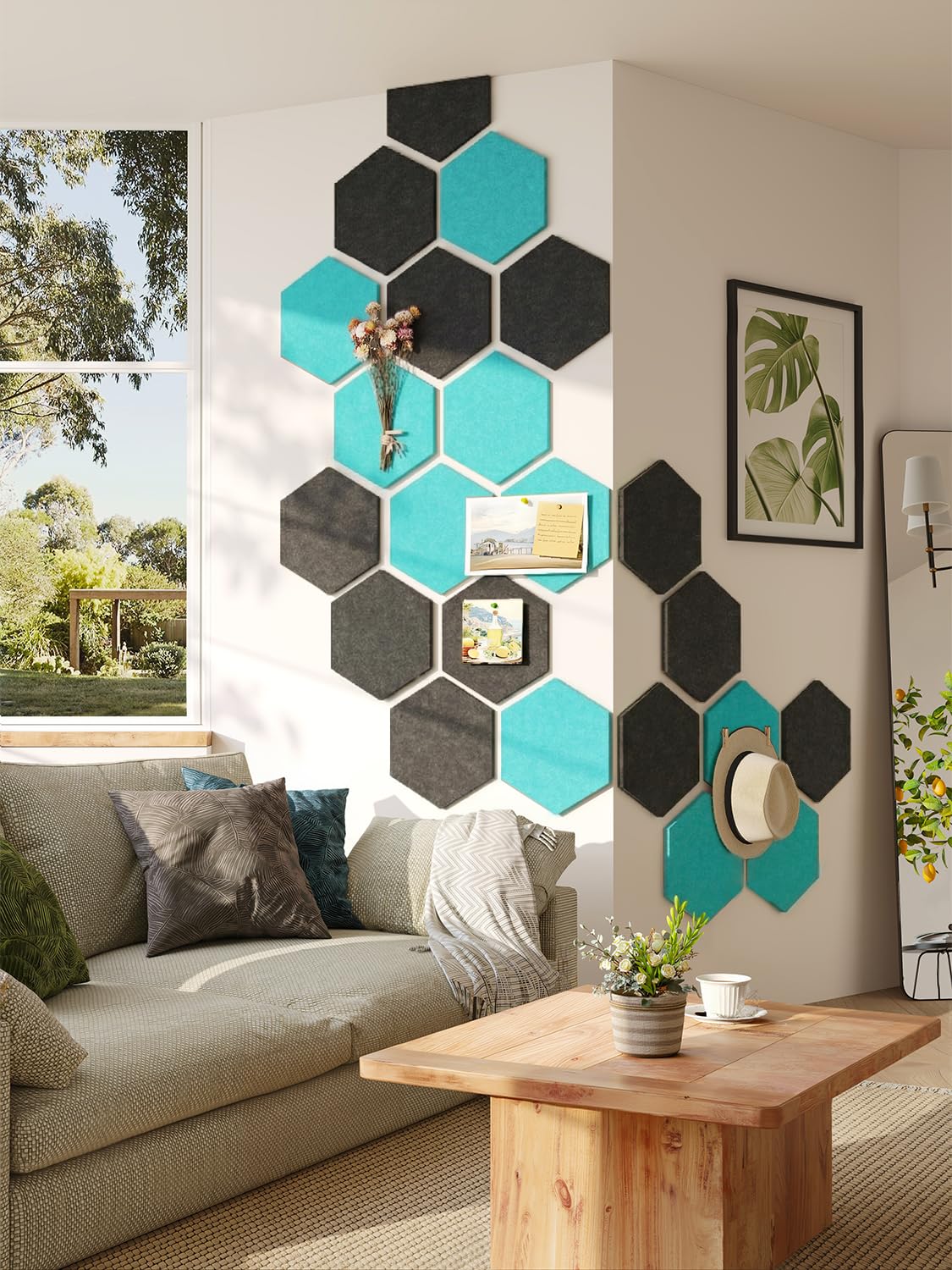 Uoisaiko 8 Pack Hexagon Felt Bulletin Board Tiles - 12" Large Thick Pin Board for Walls with 30 Push Pins, DIY Boards for Office Home School Decor, Aesthetic Hex Cork Board Alternative