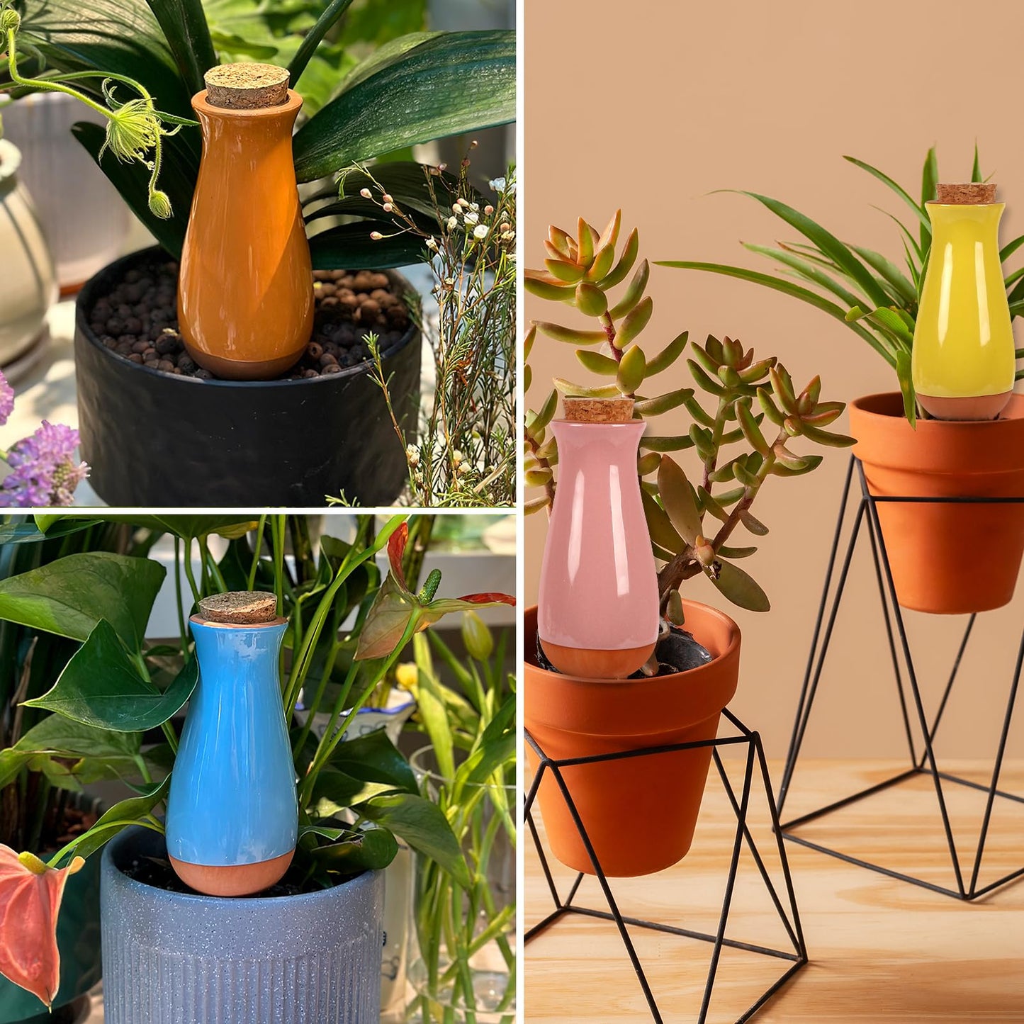 4 Packs Ollas Plant Watering Globes, 12 Oz Terracotta Self Watering Planter Insert, Automatic Watering Devices, Clay Drip Irrigation Stake for Indoor & Outdoor Plant, 1 Week Easy to Refill(Multicolor)