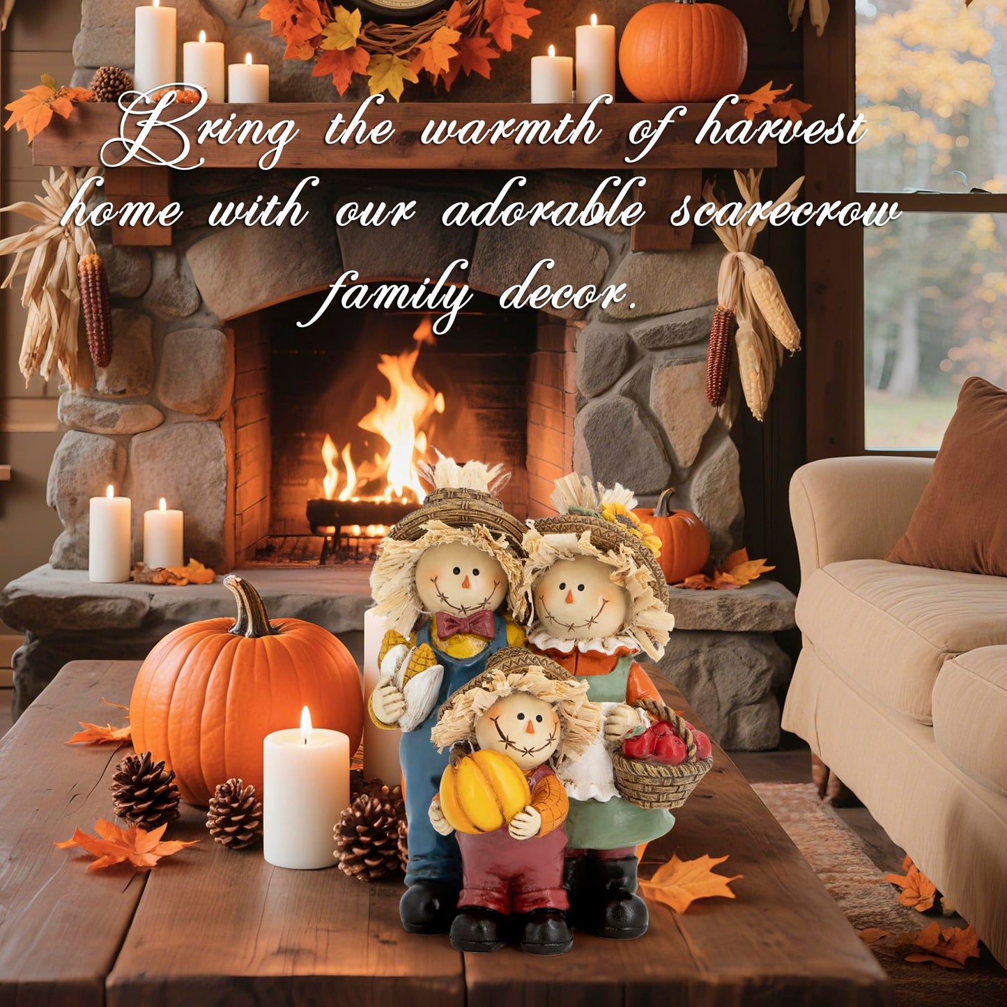 Hodao Thanksgiving Decorations for Table, Resin Fall Thanksgiving Scarecrow Family Figurine with Pumpkin, Corn & Apple Basket, Festive Gift for Autumn Home Decor