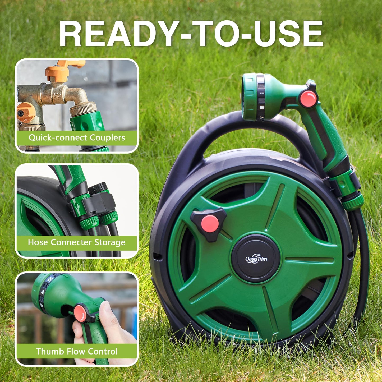 OasisTrim 1/2" x 50FT Retractable Garden Hose Reel，With 10 Patterns Spray Nozzle，Portable Heavy Duty Garden Hose Holder for Garden Watering，Car & Patio Washing，Pet Cleaning（Green）