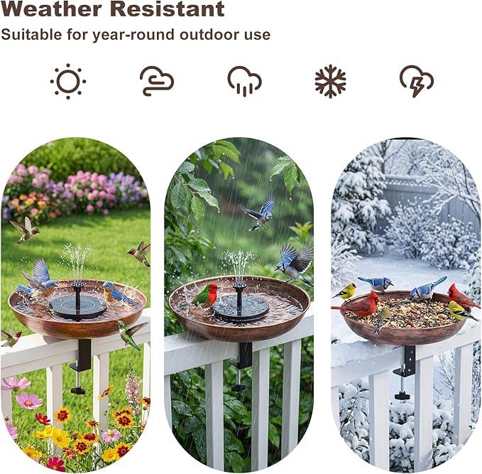Edenseelake Deck Mounted Metal Bird Bath with Solar Powered Fountain for Outside, Detachable Birdbaths Bowl with Adjustable Steel Clamp for Feeder Railing Balcony Fence Yard
