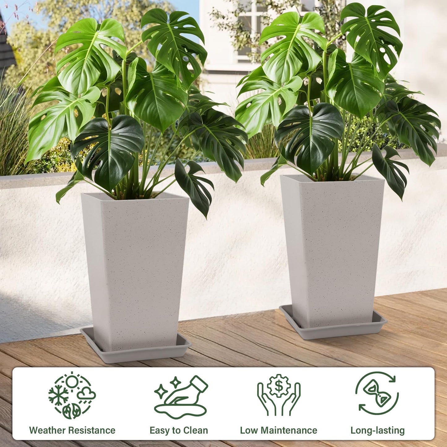 Neoaider Set of 2 Tall Planter, 21 inch Large Plastic Planter with Drain Hole & Saucers, Large Outdoor Planters for Porch, Garden, Patio, Balcony(Light Gray)