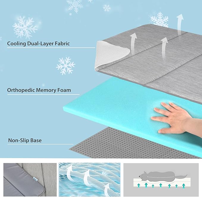 Cooling Dog Mat Q-Max>0.5 - Rapid Cooling Tech, Thin Breathable Crate Pad, Portable Washable Summer Mat, Chill Soothing Fabric - 30"x20" Medium Dog, Grey