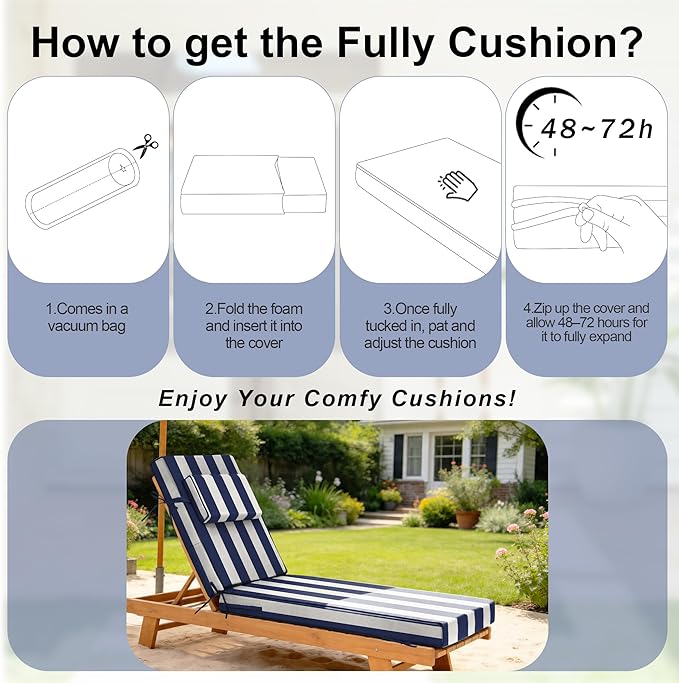Chaise Lounge Cushions Outdoor 72x21x6 Inch, Fade Resistant 6'' Thicken Outdoor