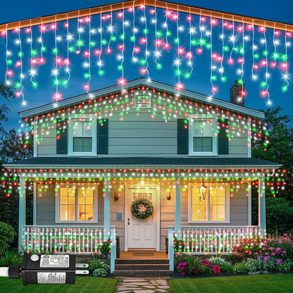 66ft Icicle Lights for Outside, Red White and Green Christmas Lights Outdoor Indoor, 640 LED Twinkle String Light with 120 Drops, Clear Wire Connectable Timer for Thanksgiving Room Home Wall Bedroom