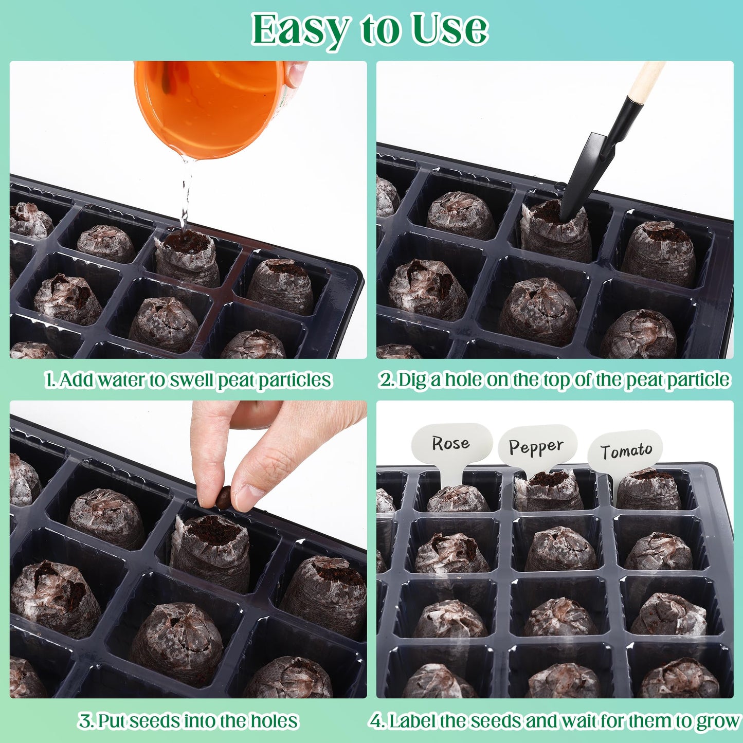 Hahood 4 Sets Seed Starter Tray Kit Germination Starter Tray with Humidity Dome and Base Include 100 Peat Pellets 100 Plant Labels Garden Tools Plastic Plant Growing Trays for Greenhouse Garden, Black
