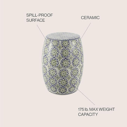 JONATHAN Y TBL1025A Lula 17.25" Suzani Ceramic Indoor/Outdoor Garden Stool, Blue/Green, Classic, Coastal, Bohemian, Traditional, Mediterranean, Cottage for Living Room, Garden, Outdoor, Home