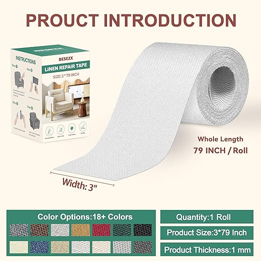 Besezx Linen Fabric Repair Tape, 3x79 Inch Self Adhesive Repair Patches