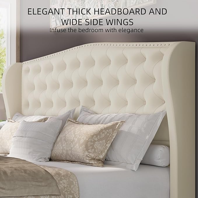 BRELTAM Upholstered Queen Size Bed Frame Velvet Beige Tufted Platform Bed Frame