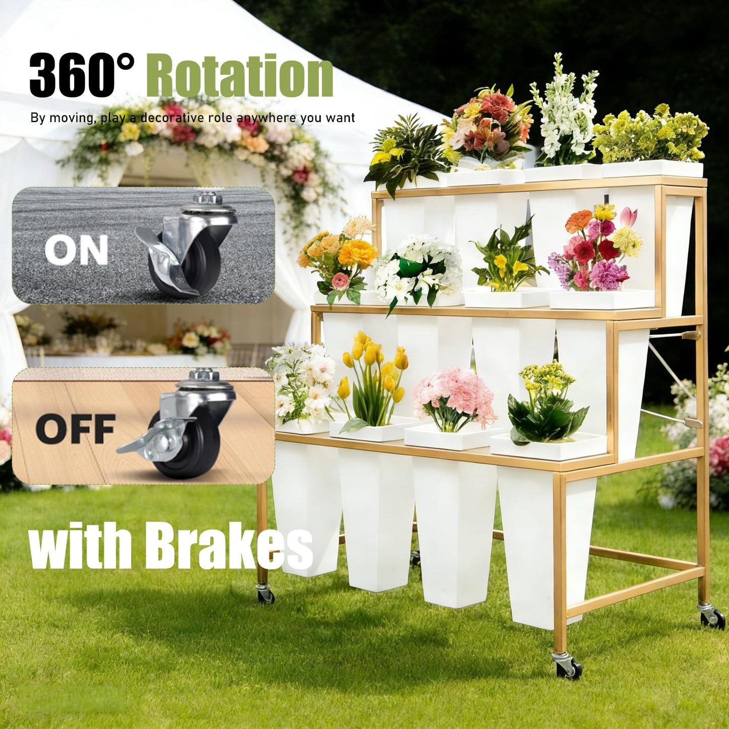 Flower Display Stands With Buckets, With 12pcs Buckets, 3-Tier Rolling Flower Bar,Heavy Duty Metal Flower Cart,For Indoor/Outdoor Use, Wedding Decor & Florist Displays (B - Gold frame, white bucket)