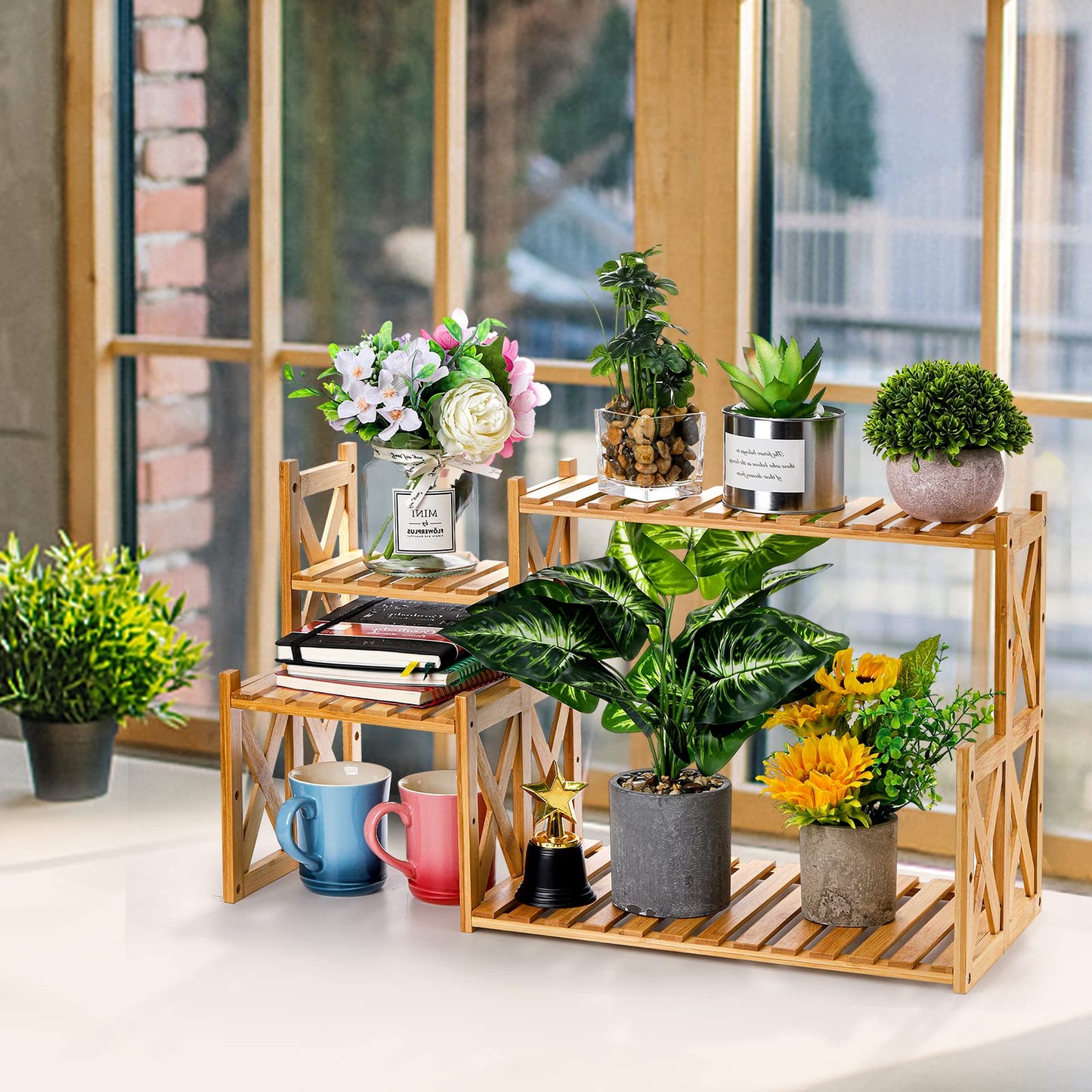 Lawei 2 Tier Bamboo Tabletop Plant Stand, Adjustable Flower Pot Holder Shelf Planter Display Stand, Small Desktop Ladder Plant Rack for Indoor Outdoor Home Patio Lawn Garden Balcony Organizer