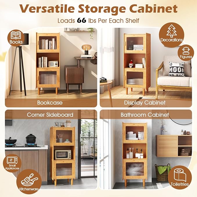 Giantex Bamboo Storage Cabinet, 3-Cube Bookcase, Freestanding Liquor Display