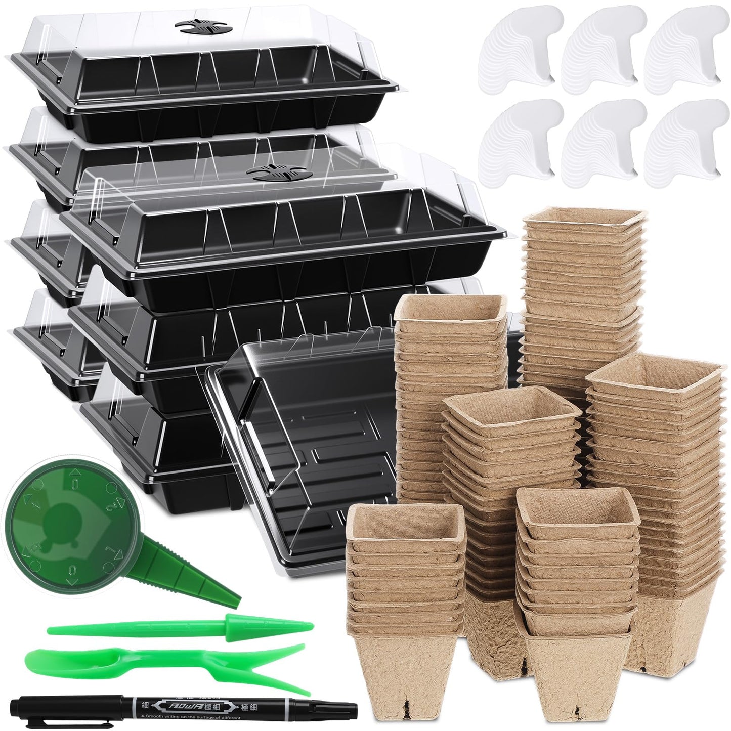 Baderke 8 Sets Seed Starter Tray Kit Including 120 Peat Pots for Seedlings 8 Plastic Growing Trays with Dome 120 Plant Labels and 4 Garden Tools for Outdoor Indoor Garden Plant