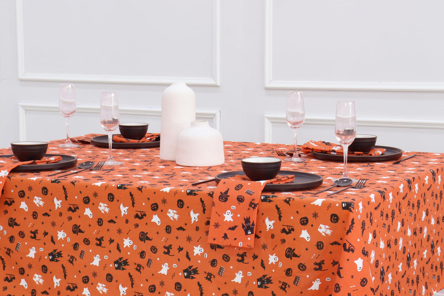 PurpleEssences Orange Black Halloween Tablecloth, Rectangle Halloween Party Tablecloth Decoration, 60x104 Inch Machine Washable Cotton Table Cover, Haunted House
