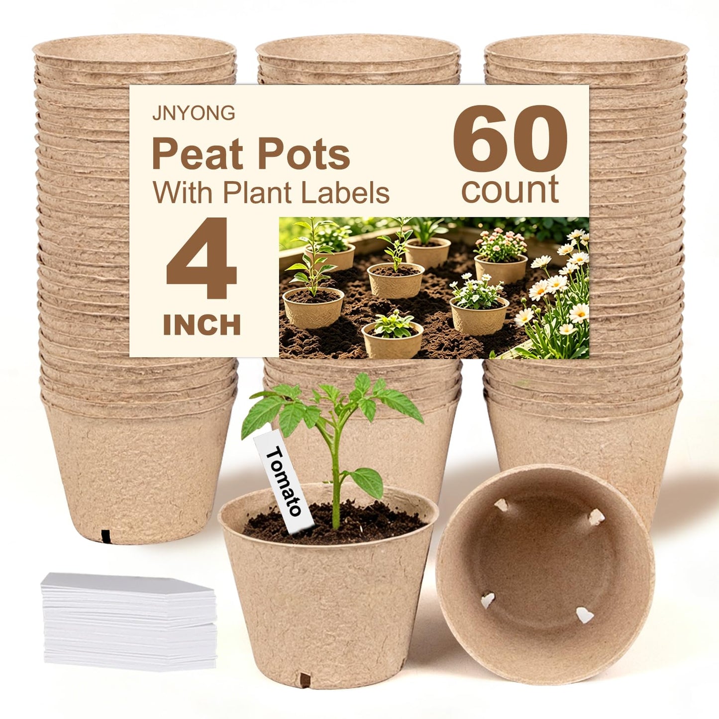 JNYONG 60 Packs 4 Inch Peat Pots,Biodegradable Pots for Seedlings with Drainage Holes, Garden Germination Nursery Pots with 50Pcs Plant Labels