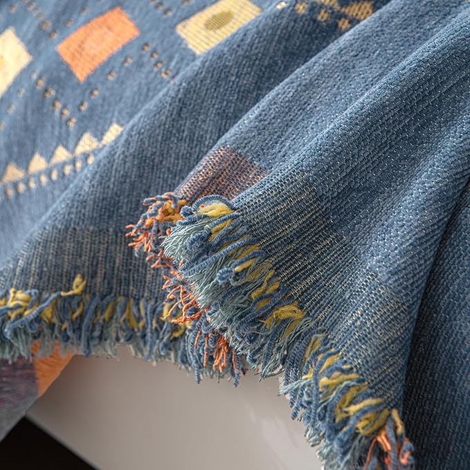 DREAMINGO Blue Boho Couch Cover Geometric Jacquard Sofa Covers