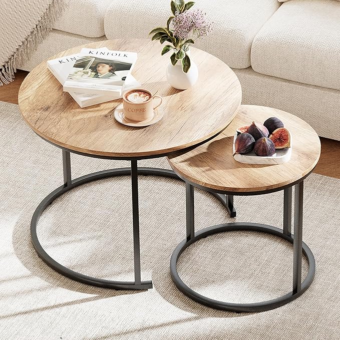 Garden 4 you Nesting Coffee Table, 23.6" Round Coffee Table Set of 2, Wooden