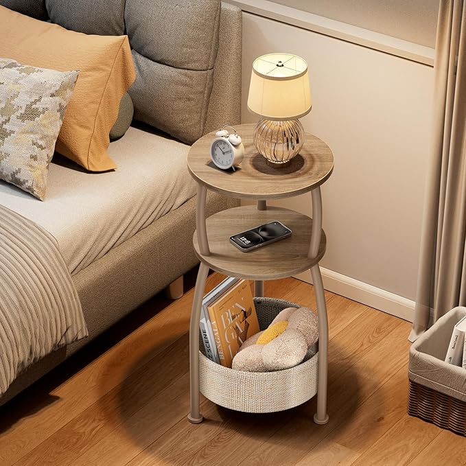 Small Side Table with Storage Basket, Space Saving Round End Table 3-Tier
