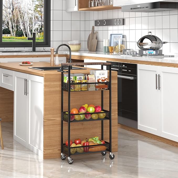 XYZLVSI Slim Storage Cart 4 Tier Narrow Kitchen Rolling Cart on Wheels