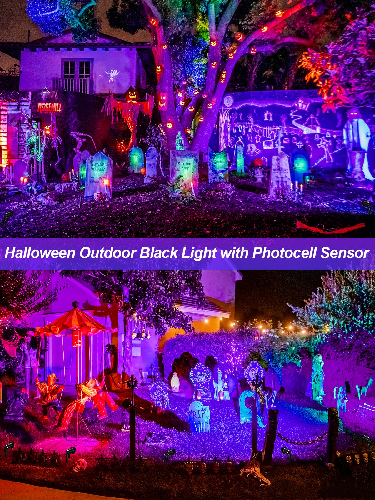 DOREIO Halloween 120V Blacklight Spotlight 15W Outdoor LED Landscape Lighting Dusk to Dawn Photocell Light Sensor with US Plug for Glow Dance Party, Body Paint, Fluorescent Poster, Neon Glow(1 Pack)