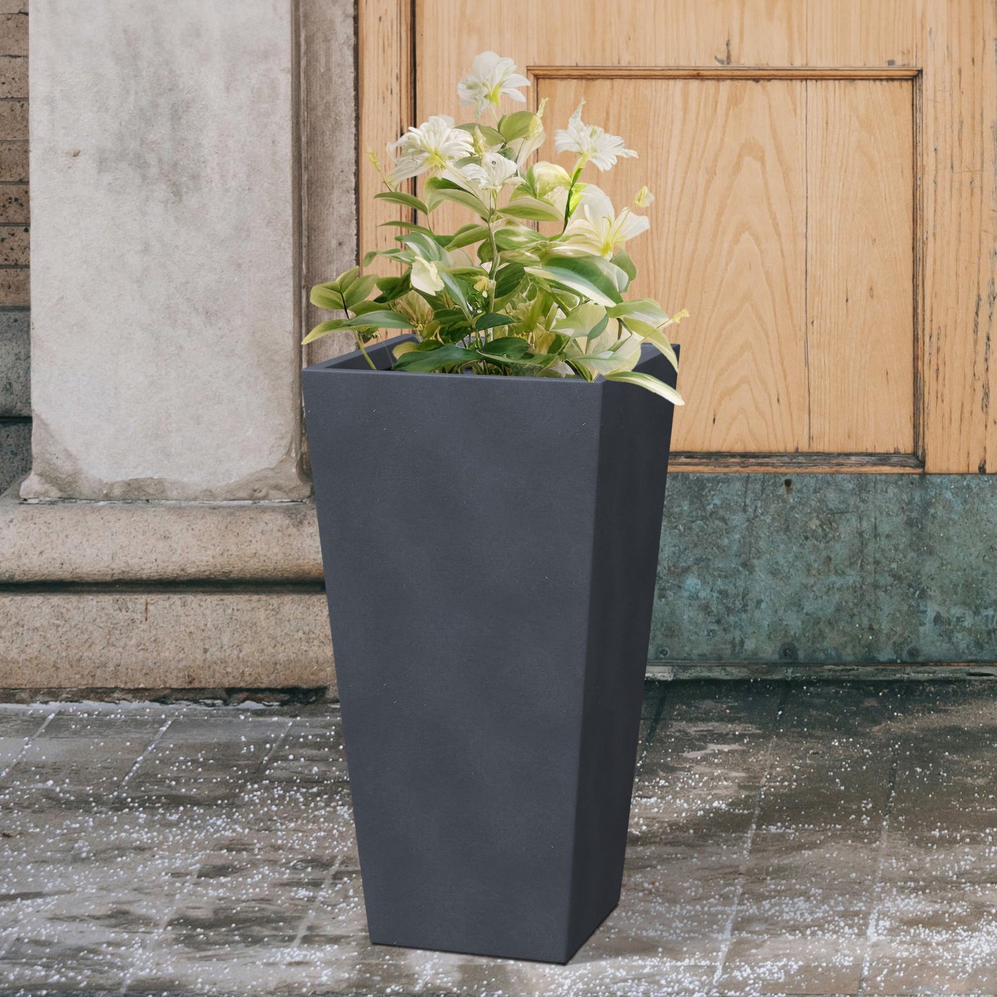 Kante 28 Inch Tall Tapered Concrete Planter, Modern Style Large Plant Pot with Drainage Hole and Rubber Plug for Patio, Backyard, Porch, Suitable for Indoor Outdoor Plants, Charcoal