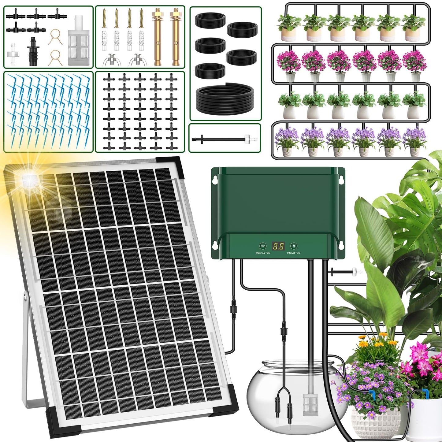 AnseTo Solar Irrigation System 10W for Automatic Plants Watering, Summer Garden Drip Irrigation Kit for Solar Garden Drip Irrigation System,Supported Irrigation System Kit for Plant Bed,Green House