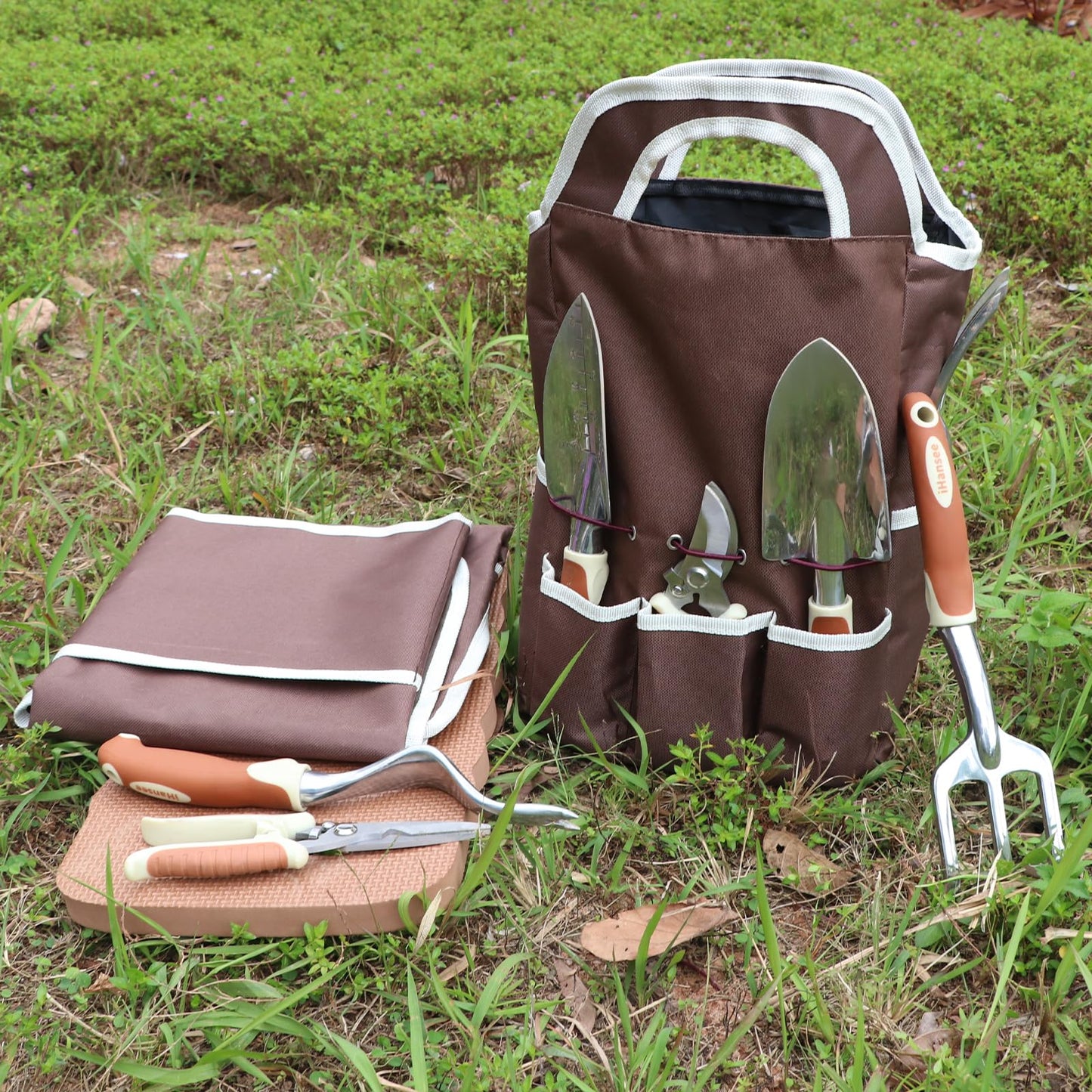 Brown Gardening Tools Set 12-Piece, Garden Hand Tool Kit with Non-Slip Ergonomic Handle, Storage Tote Bag, Garden Apron, Gloves and Kneeling Pad, Gardening Gifts for Women Men Plant Lover